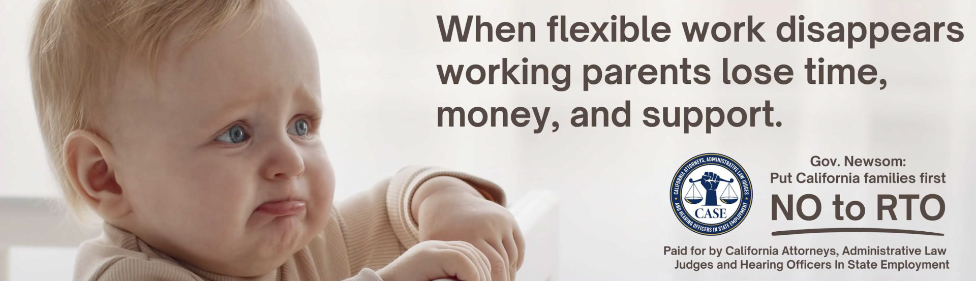 Banner with image of an infant and text "When flexible work disappears working parents lose time, money, and support."